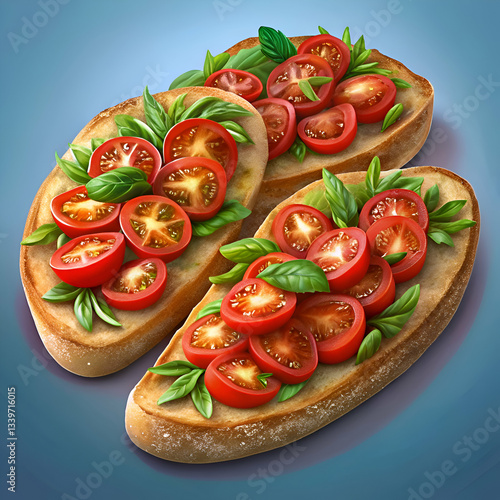 Two slices of toasted bread topped with fresh tomato and basil.