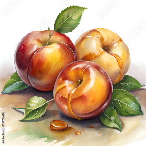 Three juicy peaches with green leaves on a white background.