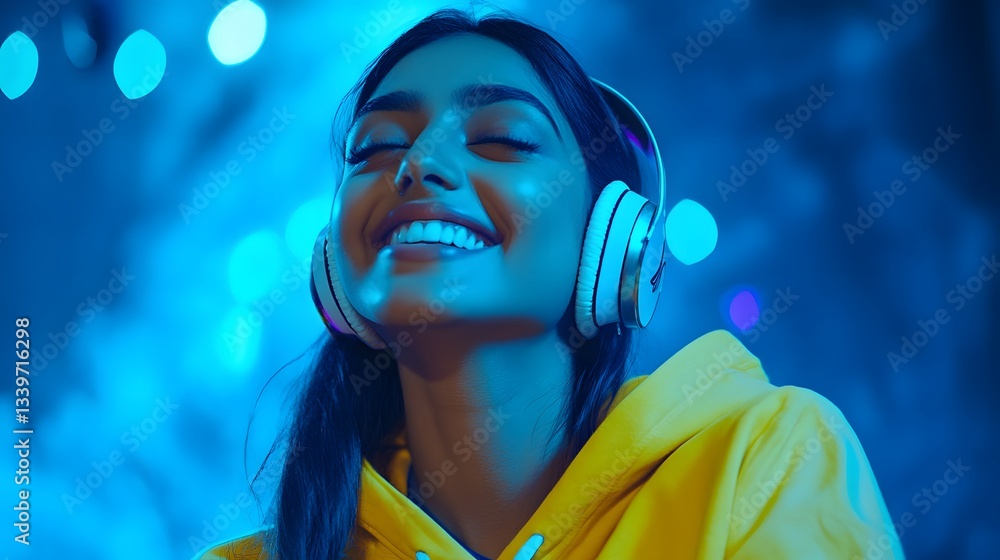custom made wallpaper toronto digitalWoman enjoys music wearing headphones in blue light