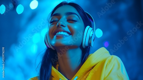 Wallpaper Mural Woman enjoys music wearing headphones in blue light Torontodigital.ca