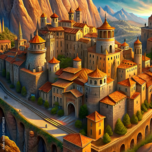 A quaint. historic city nestled amidst towering mountains.