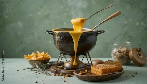 Classic Swiss cheese fondue with breads and potatoes, landmark of Switzerland