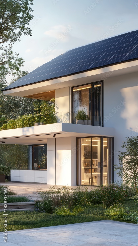 Modern residential home featuring solar panels and contemporary architecture design Modern residential home featuring solar panels and contemporary architecture design