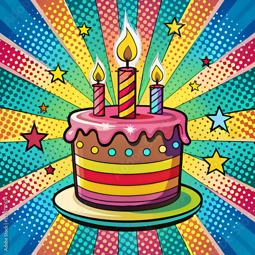 A celebratory birthday cake with candles on a pop art background.