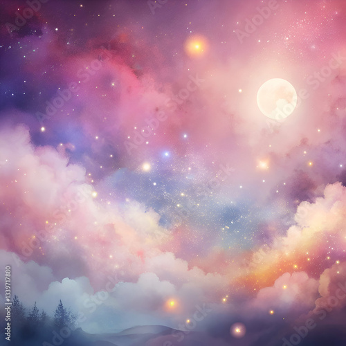 A Dreamy Night Sky with a Full Moon and Twinkling Stars.