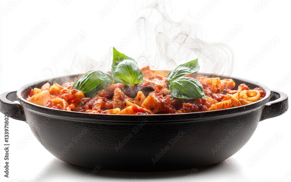 Of a steaming bowl of pasta with tomato sauce and basil leaves isolated on white Of a steaming bowl of pasta with tomato sauce and basil leaves isolated on white