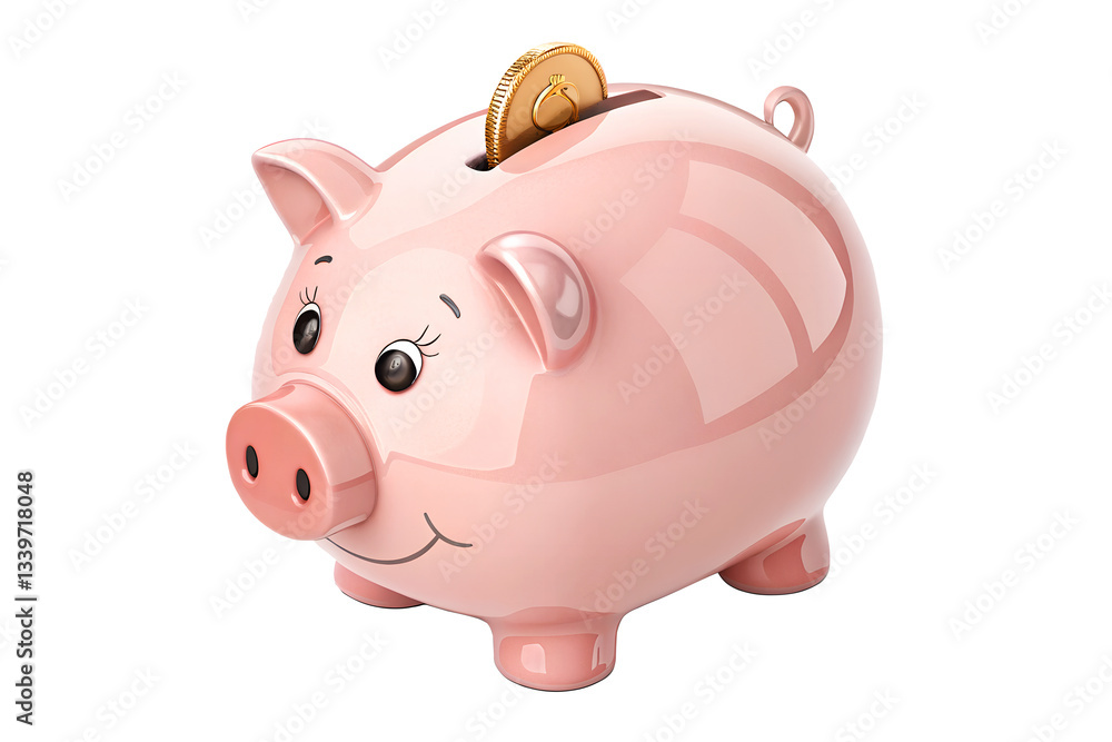 Obraz premium Cute pink piggy bank with a coin slot, isolated on white background, ideal for financial savings, money management, banking, and investment concepts 