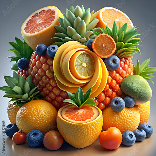 A vibrant arrangement of citrus fruits. pineapples. and blueberries.