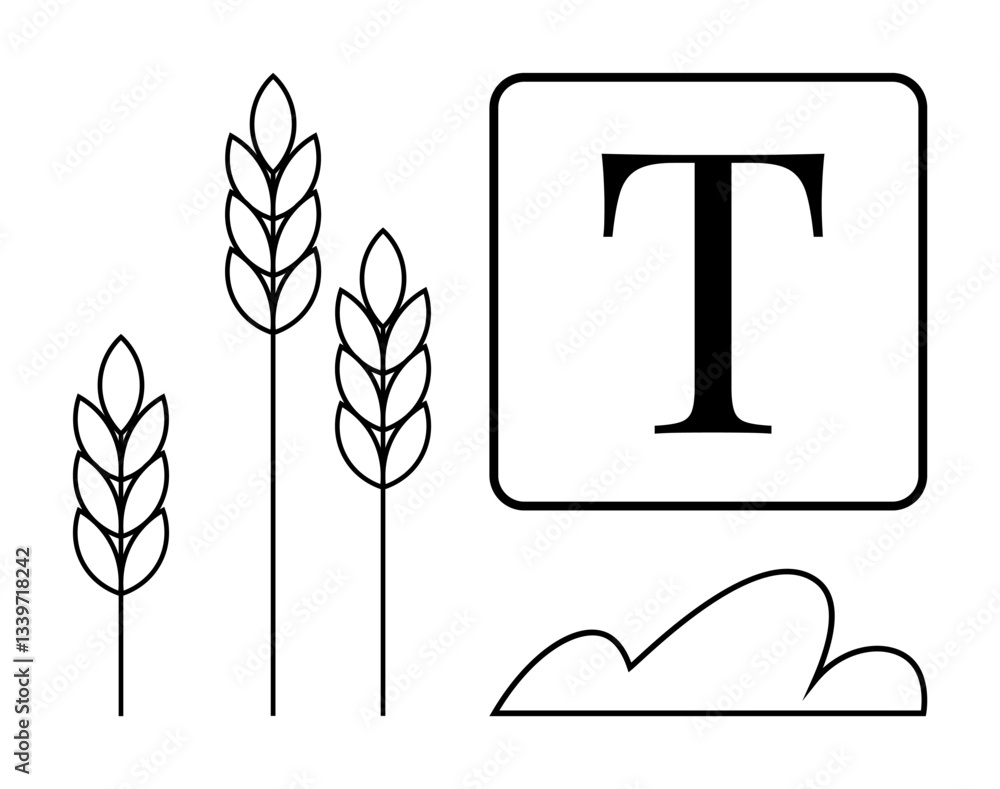 Fototapeta premium Stylized wheat stalks, bold text element, and curved cloud shape. Ideal for agriculture, typography, farming, nature, sustainability, rural themes flat simple metaphor
