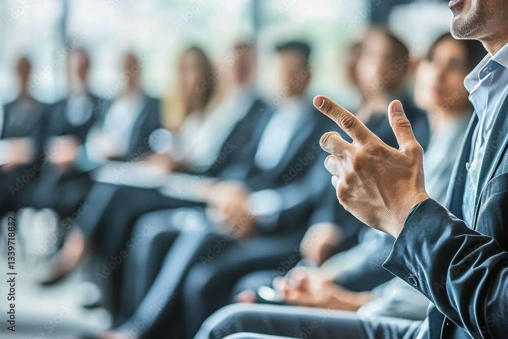 Business presentation with speaker gesturing towards a professional audience, conveying key information and insights during a corporate seminar, fostering engagement and collaboration. Business presentation with speaker gesturing towards a professional audience, conveying key information and insights during a corporate seminar, fostering engagement and collaboration.