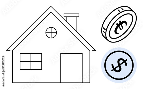 House outline with door and windows, coin with currency sign, dollar icon. Ideal for real estate, home loans, investments, savings, property management finance wealth. Flat simple metaphor