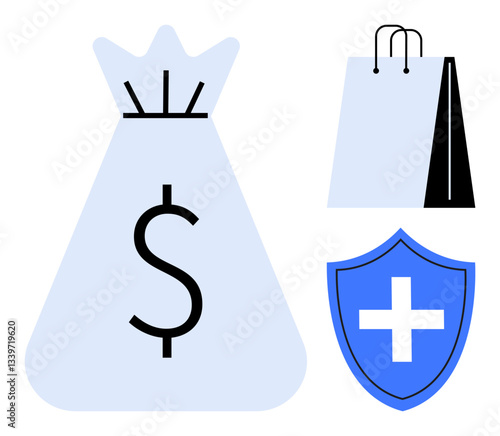 Money bag with dollar sign, shopping bag, and shield with cross reflecting wealth, shopping, security, insurance, savings, investment and healthcare. Ideal for financial planning consumerism