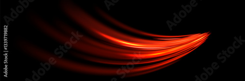 Bright red orange wave speed lines. Abstract curved stripes dynamic motion. Speed ​​acceleration driving on night road. Vector.