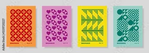 Abstract set with posters in retro bauhaus flat style. Vector illustration. Colorful designs with simple geometric shapes. Designs in retro style. Seamless pattern collection. 