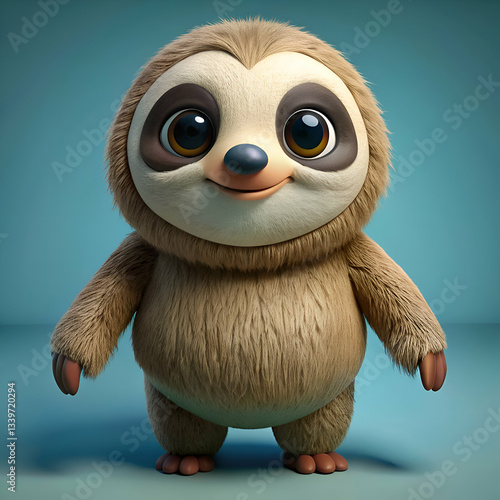 A Cute Cartoon Sloth with Big Eyes Stands on a Blue Background.