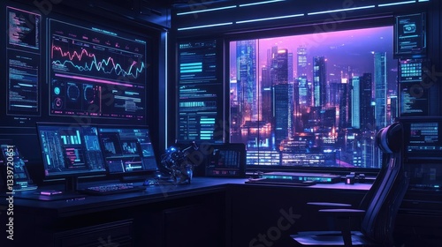 Futuristic City Night View From A Technological Office Workspace Involving Digital Design Display Screen And Modern Controls Dashboard.High Tech Abstract Artwork Or Wallpaper Background Of City