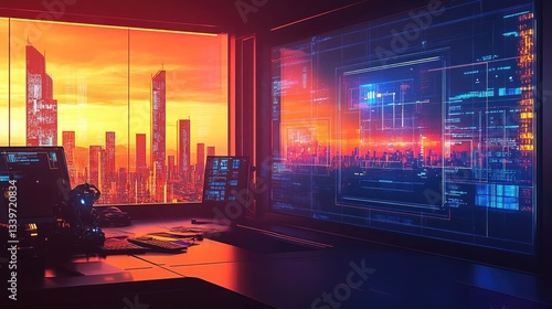 Futuristic Cityscape at Sunset Viewed from a High Tech Control Room System and Screen Interface With Panels Displaying Information Graphics of a Modern Cityscape During Night Time With Bright Glowing