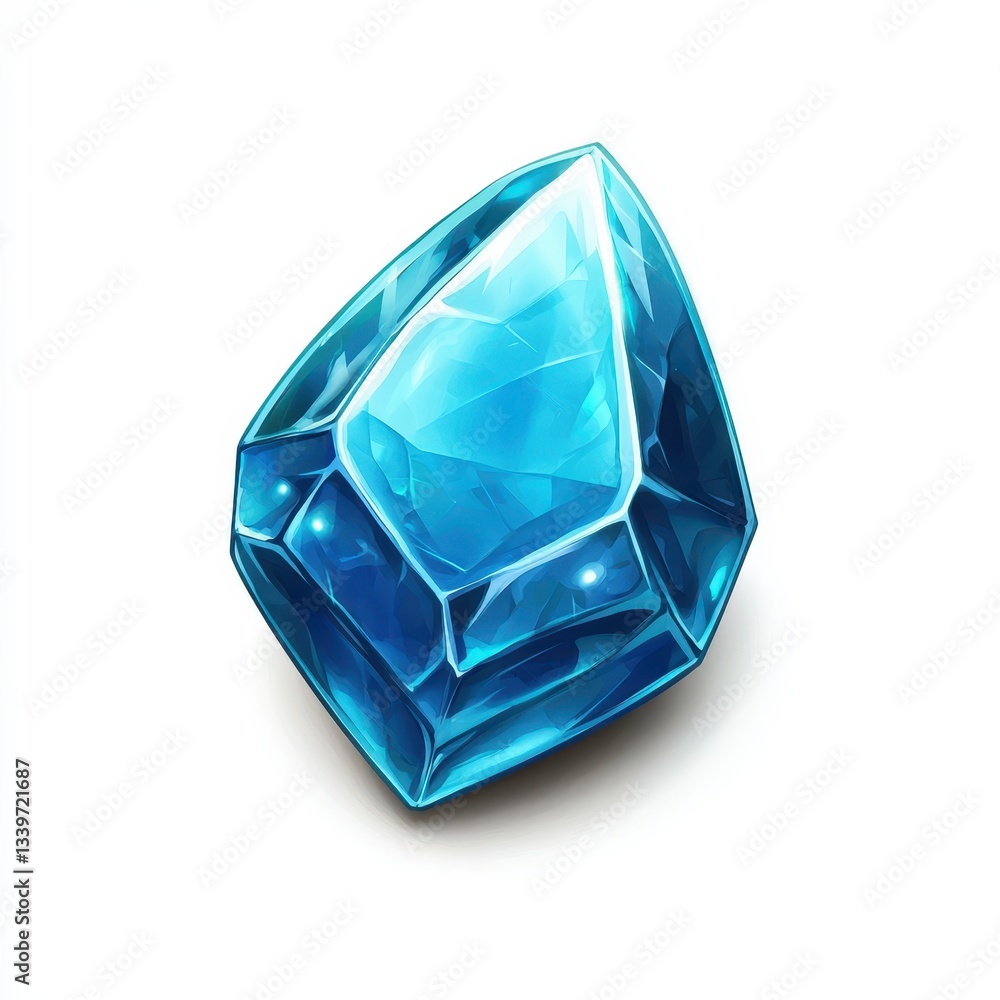 Realistic 3D cartoon icon of a deep blue topaz gemstone with high gloss on a white background