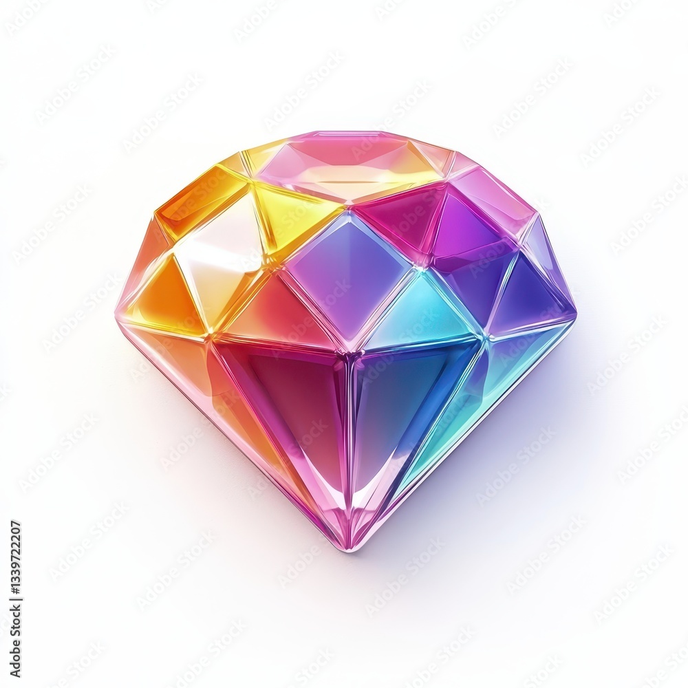 Realistic 3D cartoon icon of a radiant diamond gemstone with rainbow reflections on a white background Realistic 3D cartoon icon of a radiant diamond gemstone with rainbow reflections on a white background