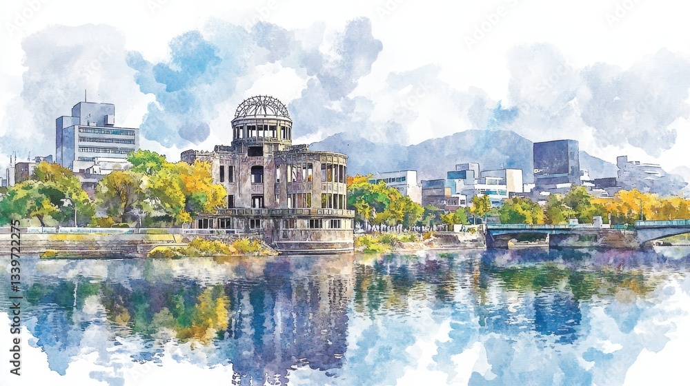 Fototapeta premium Hiroshima Peace Memorial: A Watercolor Reflection - Symbol of peace, resilience, remembrance, hope, and reconstruction; Hiroshima's Atomic Bomb Dome reflected in serene waters