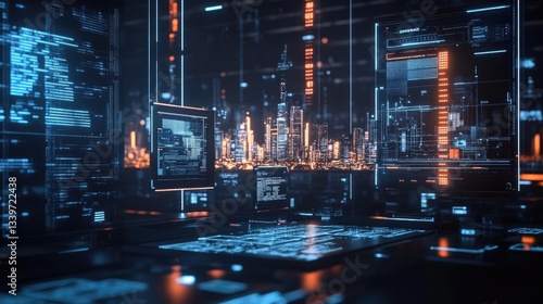 Futuristic Digital Cityscape With Glowing Neon Lights And Data Streams At Nighttime And Abstract Shapes.