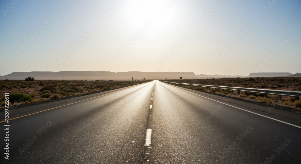 Desert Road at Sunset Long Straight Highway with Mountain Backdrop Desert Road at Sunset Long Straight Highway with Mountain Backdrop
