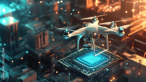 Futuristic Drone Above Glowing Microchip In Cityscape Displaying Progress Through Technology Innovation And Development. Digital Aerial View Of Flight And Connectivity. High Tech Urban City Lights