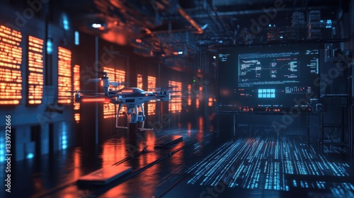 Futuristic Drone Control Room With Orange And Blue Lighting System Design And Technology Interior Showcase Illustration Display Illustration Of Innovation And Futuristic Engineering Design And System