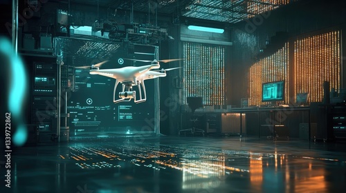 Futuristic Drone In A Teal And Orange Lit Tech Lab Environment  Description Featuring Artificial Intelligence and Innovative Research In A Modern Lab Setting With Abstract Graphics and High Tech