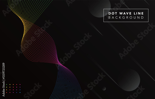 futuristic rainbow dot wave line with metallic spectrum colorful gradient black background, abstract luxury dynamic dotted flow elegant wavy vector, technology glowing light effect digital fluid shape