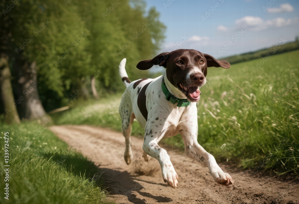 Italian Pointer running in the countryside on green grass, doggy playing outdoors in the nature on meadown Italian Pointer running in the countryside on green grass, doggy playing outdoors in the nature on meadown