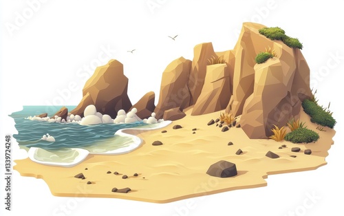 Beautiful coastline with cliffs, crashing waves, and golden sand