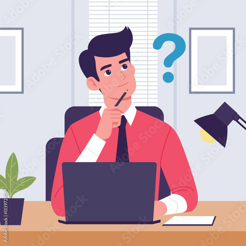 Confused man Working on Laptop, Flat style cartoon vector illustration