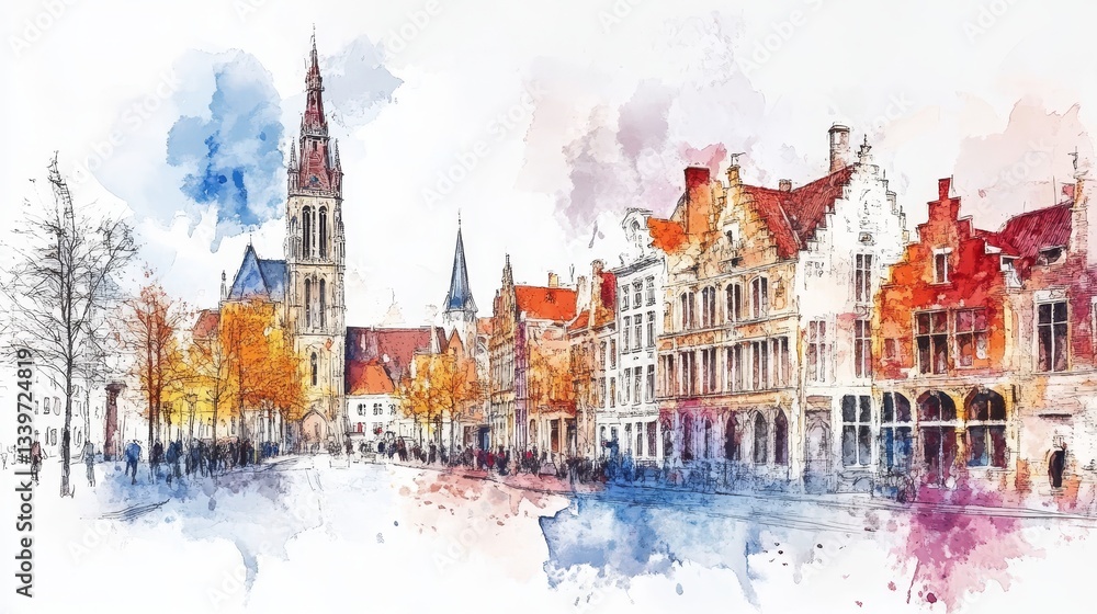 Obraz premium Watercolor Bruges Belgium Cityscape - Charming watercolor painting of Bruges, Belgium. Evokes feelings of tranquility, history, architecture, tourism, and European charm