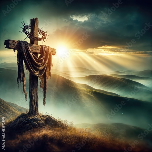 A large wooden cross stands atop a hill, draped with tattered cloth and crowned with thorns, under a dramatic sky with sun rays piercing through clouds 