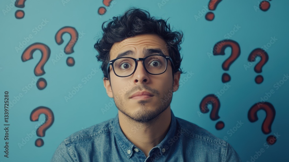 Confused man, question marks, blue wall, doubt Confused man, question marks, blue wall, doubt