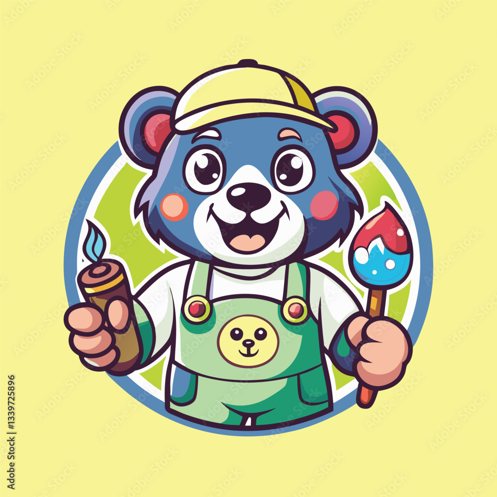 Obraz premium Cute Cartoon Mascot Logo Template of a Bear Painter in Unique Style