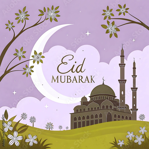Eid mubarak greeting card background design. Origami Design Paper Craft Happy Eid Mubarak Ramadan Background.