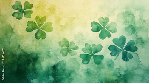 Watercolor Painting of Green Four Leaf Clovers