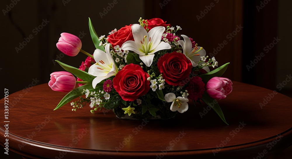 Obraz premium Colorful floral arrangement on wooden table