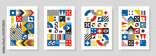 Abstract set with posters in retro bauhaus flat style. Vector illustration. Colorful designs with simple geometric shapes. Designs in retro style. Seamless pattern collection. 
