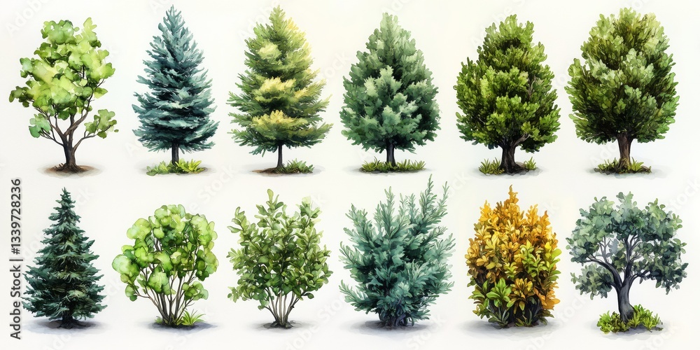 Set of watercolor trees and bushes creating a green and vibrant landscape Set of watercolor trees and bushes creating a green and vibrant landscape