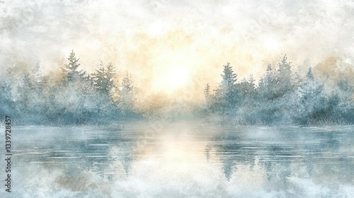 Misty Sunrise Over A Tranquil Lake In A Lush Forest Landscape Painting In Blue And Golden Hues. A Calm Morning Scene.  Soft Colors.  Dreamy Sunrise. Abstract Impressionistic Painting. Watercolor