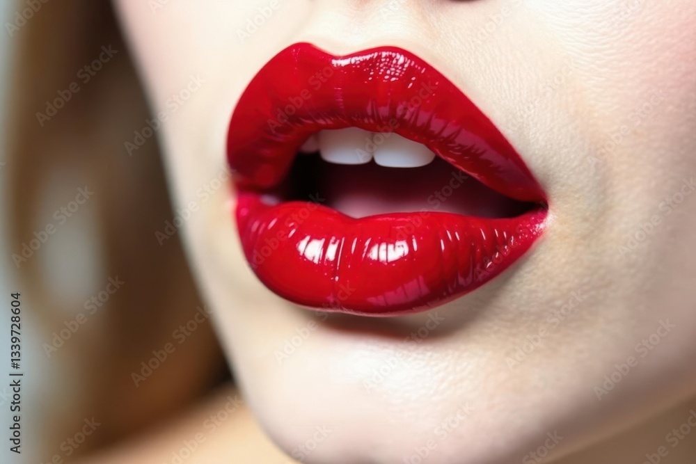 Obraz premium Bold red lips sharply contrasted on a pristine white surface, makeup, sharp