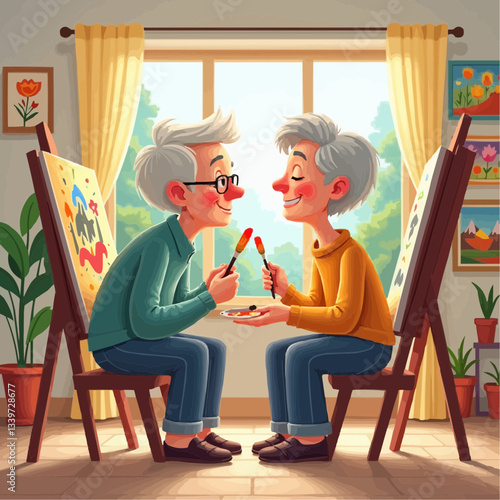 Elderly couple playfully painting together in a bright and cheerful art studio
