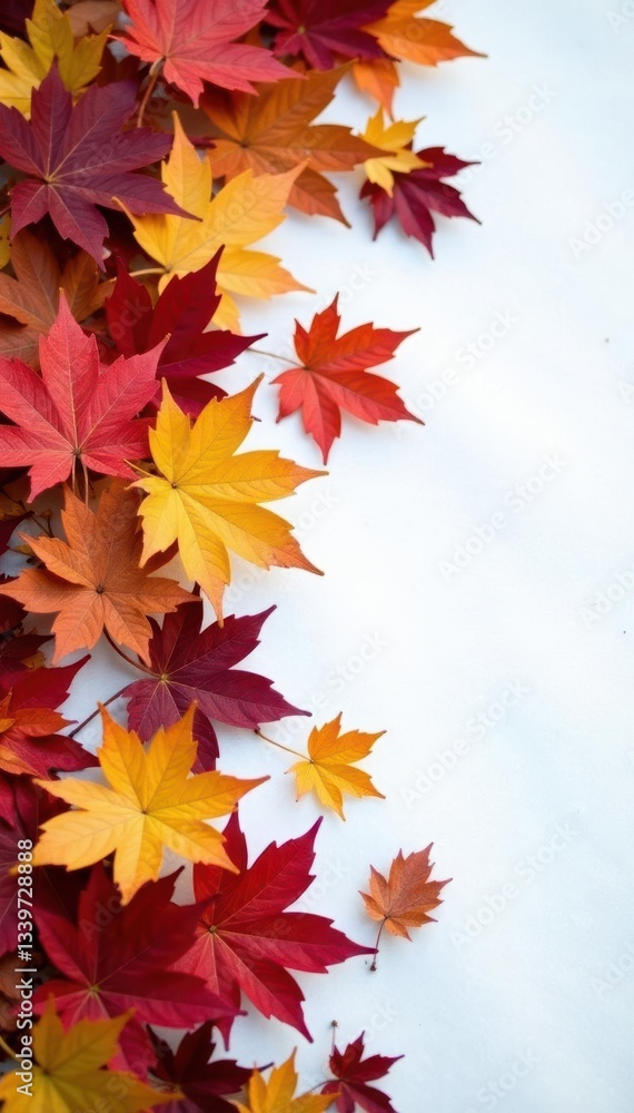 Dense foliage in autumn colors scattered on a snowy white background, autumn leaves, cold weather Dense foliage in autumn colors scattered on a snowy white background, autumn leaves, cold weather