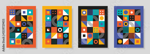 Abstract set with posters in retro bauhaus flat style. Vector illustration. Colorful designs with simple geometric shapes. Designs in retro style. Seamless pattern collection. 
