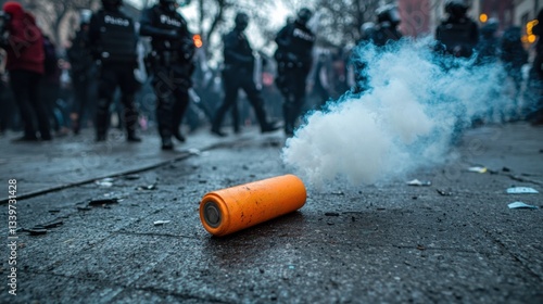 Smoke grenade emits smoke on the street during a protest, with police officers patrolling the background.