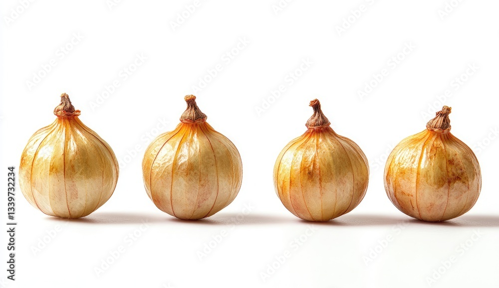 Obraz premium Four small, round, light-yellow, dried bulbs in a row