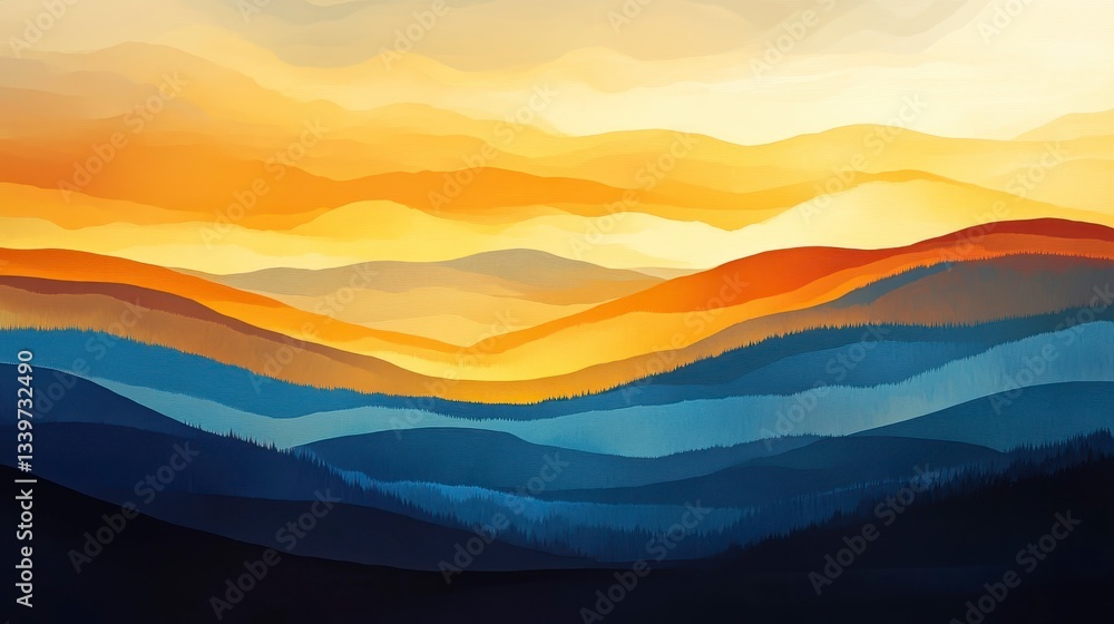 Serene Sunset Over Layered Mountains Abstract Landscape Art Serene Sunset Over Layered Mountains Abstract Landscape Art